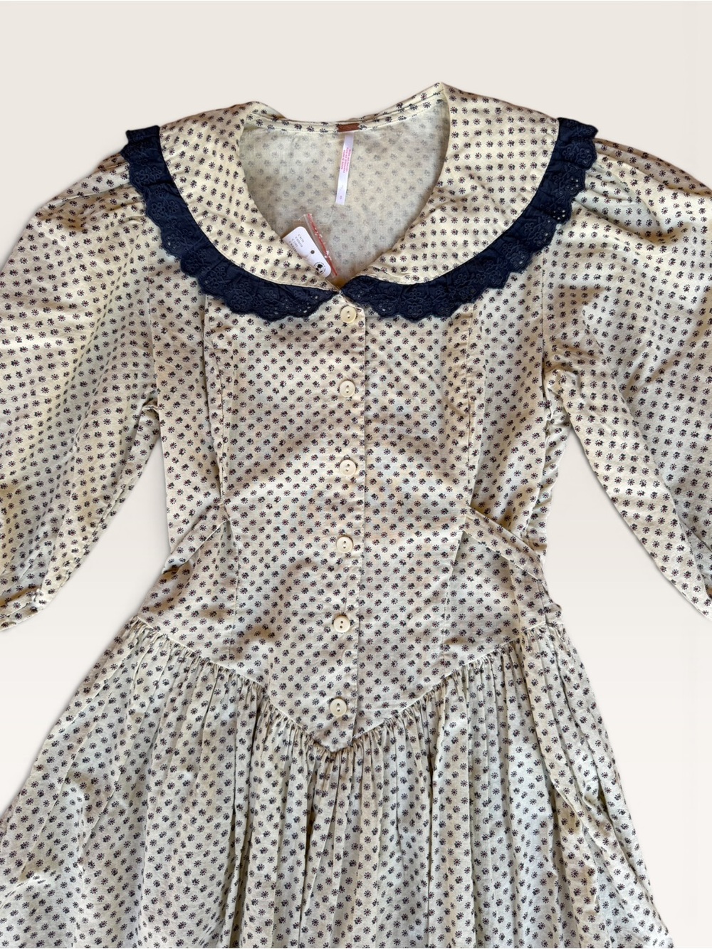 Free People Cream Polka Dot Bibbed Mini Dress with Navy Lace Trim - Picture 2 of 4